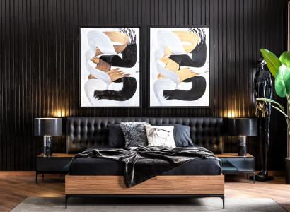 Elegant bedroom set: Double bed and 2 bedside tables in black and brown colour